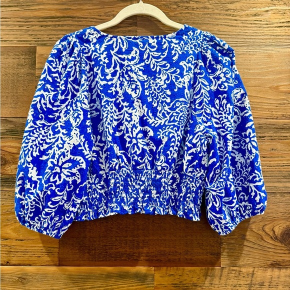 Zara Blue and White Eyelet Floral Blouse with Puff Sleeves - Picture 4 of 7